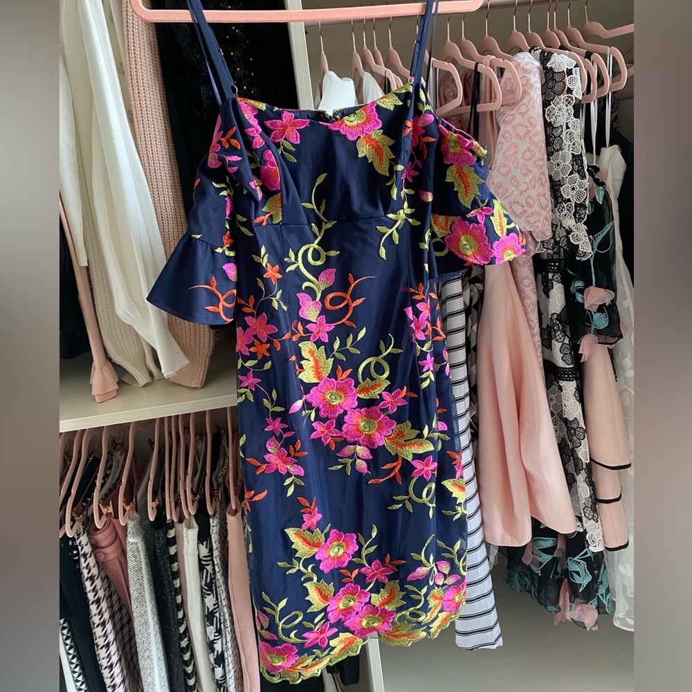 Trina Turk multi-colored flower dress. Flutter sleeves. Size 4.